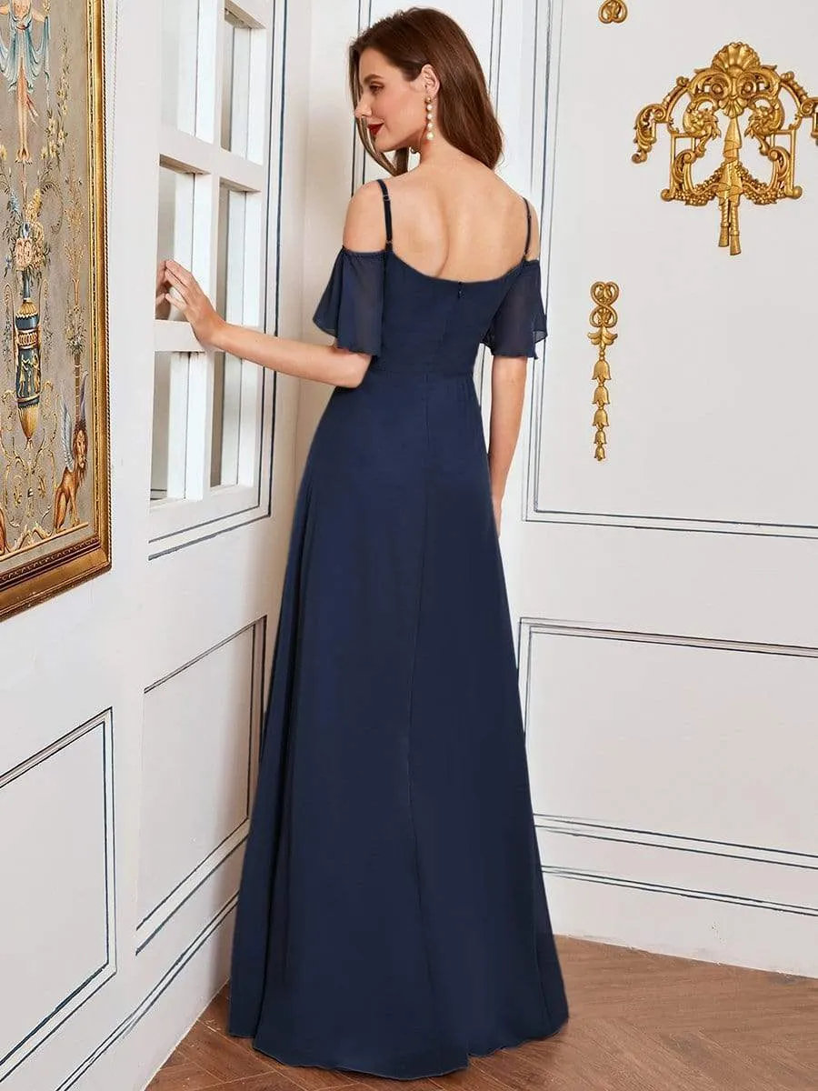 Stylish Cold Shoulder Flare Sleeves Flowy Bridesmaid Dress