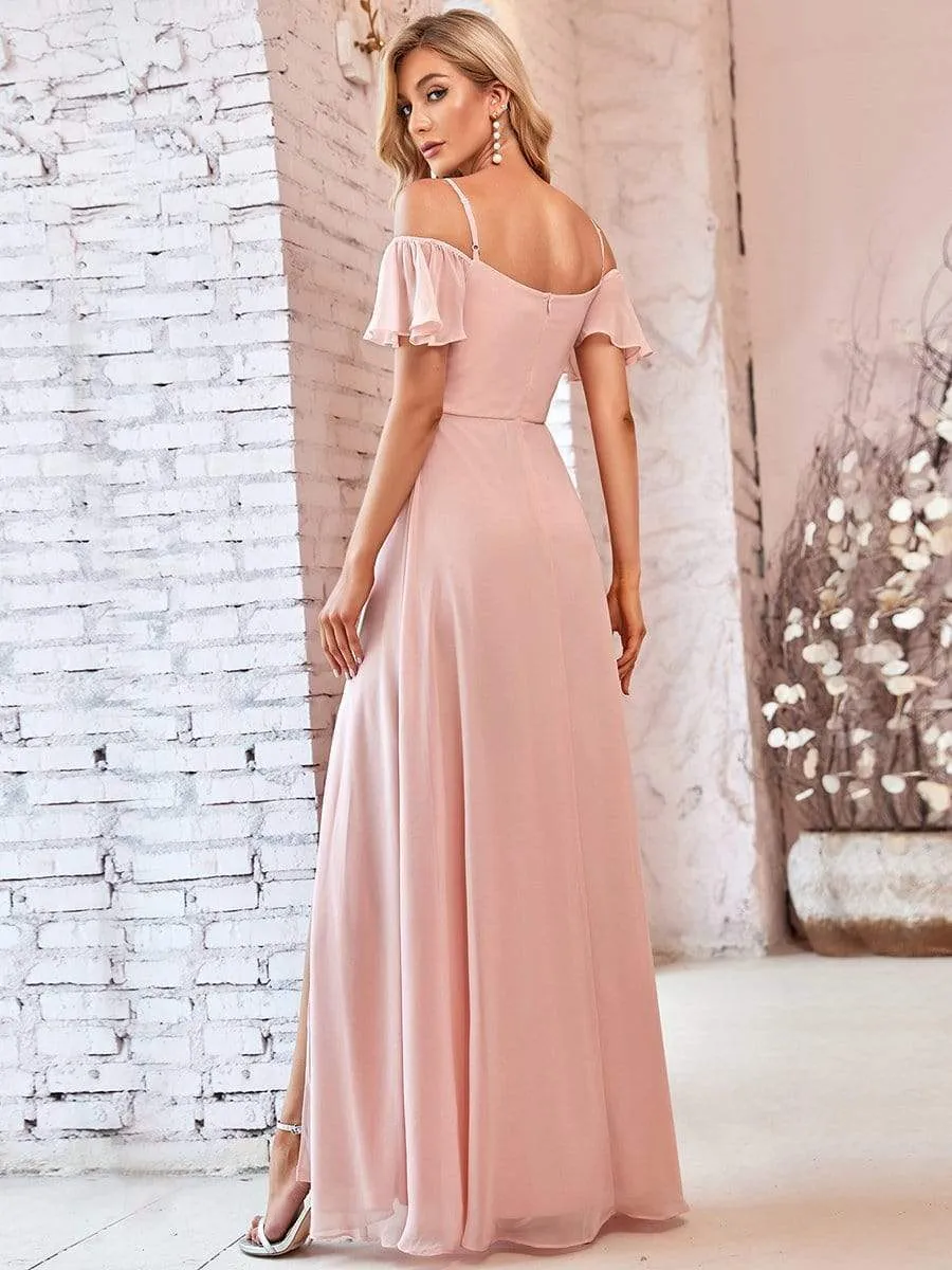 Stylish Cold Shoulder Flare Sleeves Flowy Bridesmaid Dress