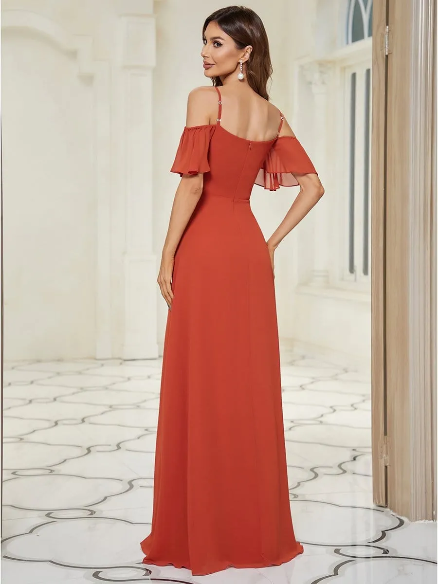 Stylish Cold Shoulder Flare Sleeves Flowy Bridesmaid Dress