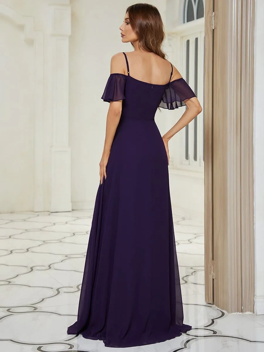 Stylish Cold Shoulder Flare Sleeves Flowy Bridesmaid Dress