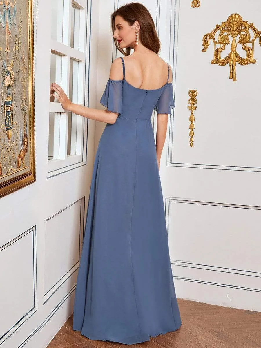 Stylish Cold Shoulder Flare Sleeves Flowy Bridesmaid Dress