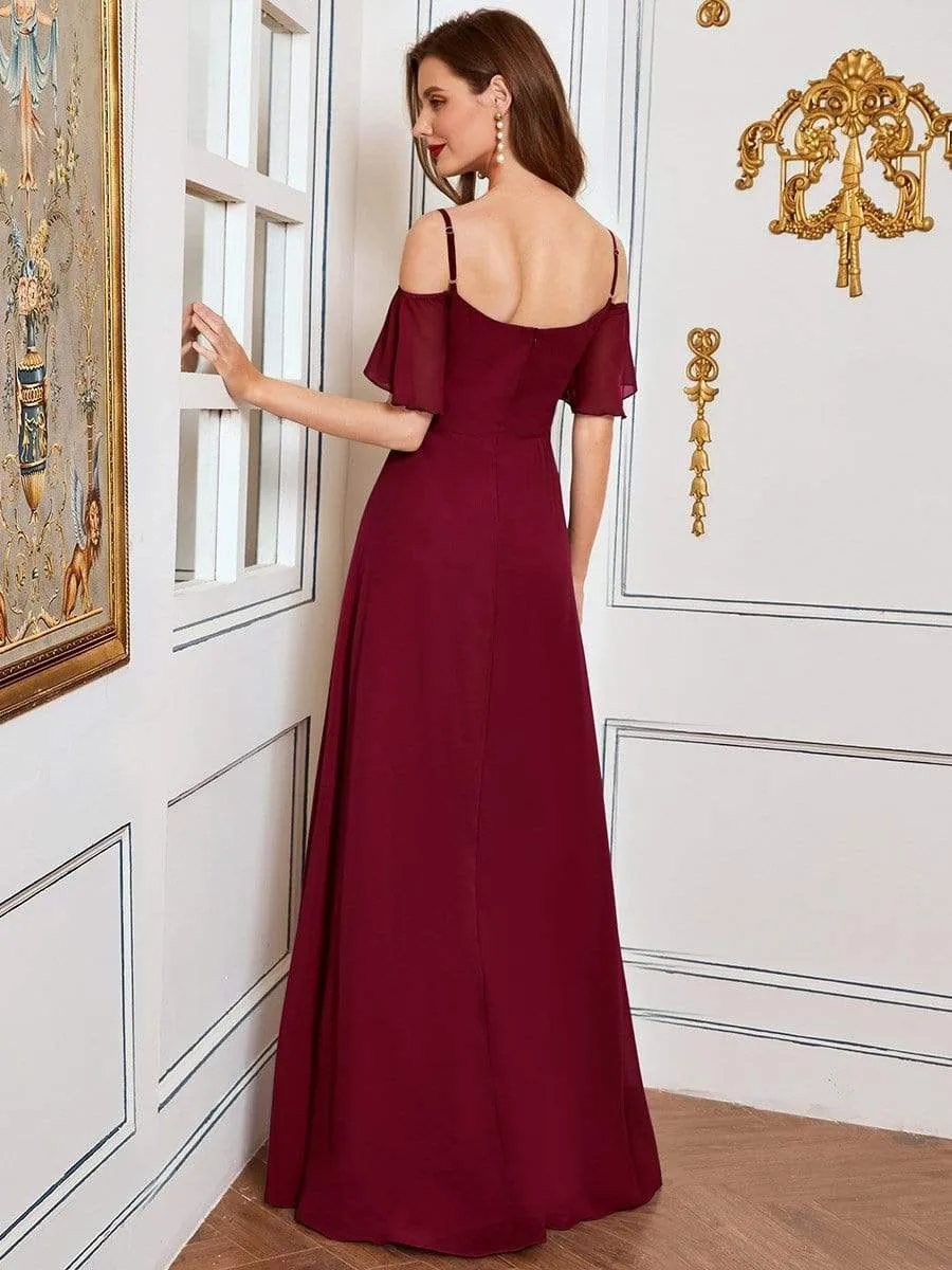 Stylish Cold Shoulder Flare Sleeves Flowy Bridesmaid Dress