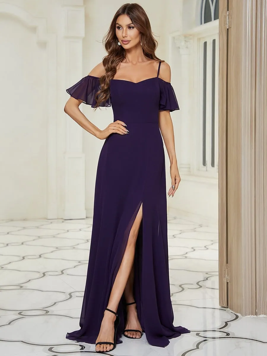 Stylish Cold Shoulder Flare Sleeves Flowy Bridesmaid Dress