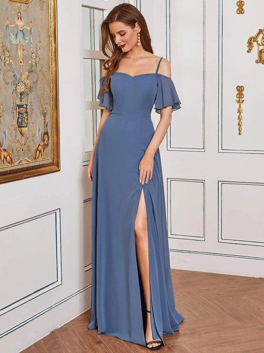 Stylish Cold Shoulder Flare Sleeves Flowy Bridesmaid Dress