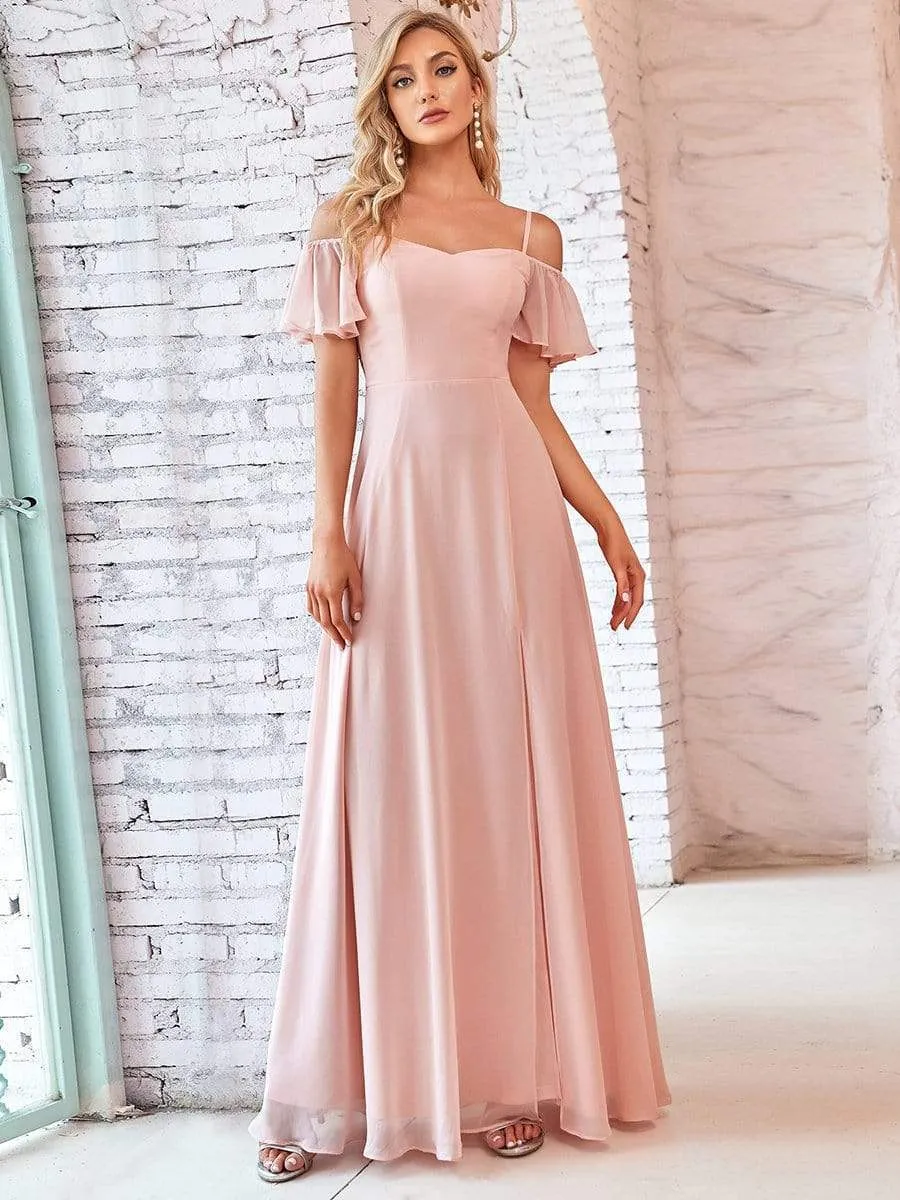 Stylish Cold Shoulder Flare Sleeves Flowy Bridesmaid Dress