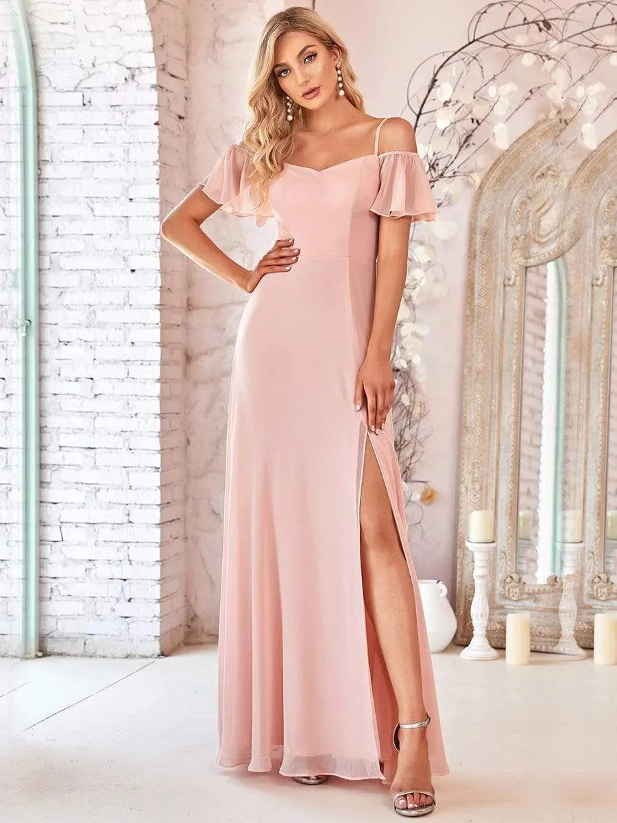 Stylish Cold Shoulder Flare Sleeves Flowy Bridesmaid Dress