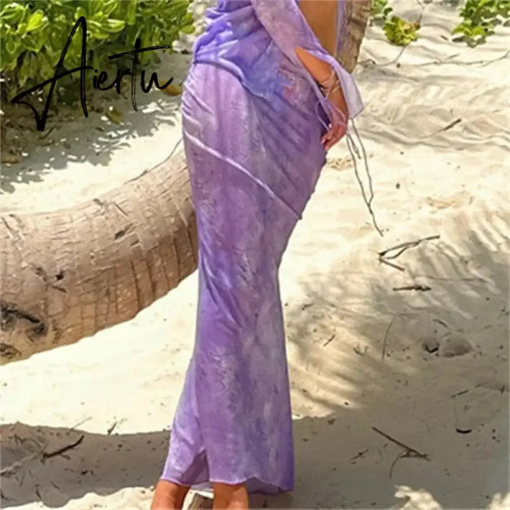 Summer Chiffon Fashion Maxi Skirt cover-up Women Elegant High Waist printed Holiday See-Through Printed Female Long Skirt