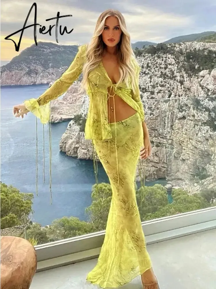 Summer Chiffon Fashion Maxi Skirt cover-up Women Elegant High Waist printed Holiday See-Through Printed Female Long Skirt