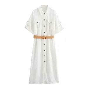 Summer Collared Short Sleeve Single Breasted Waistband Linen Dress