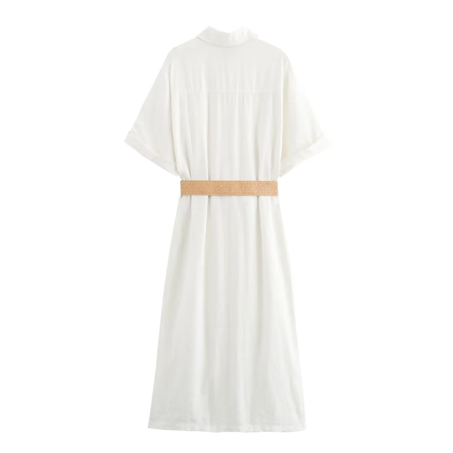 Summer Collared Short Sleeve Single Breasted Waistband Linen Dress