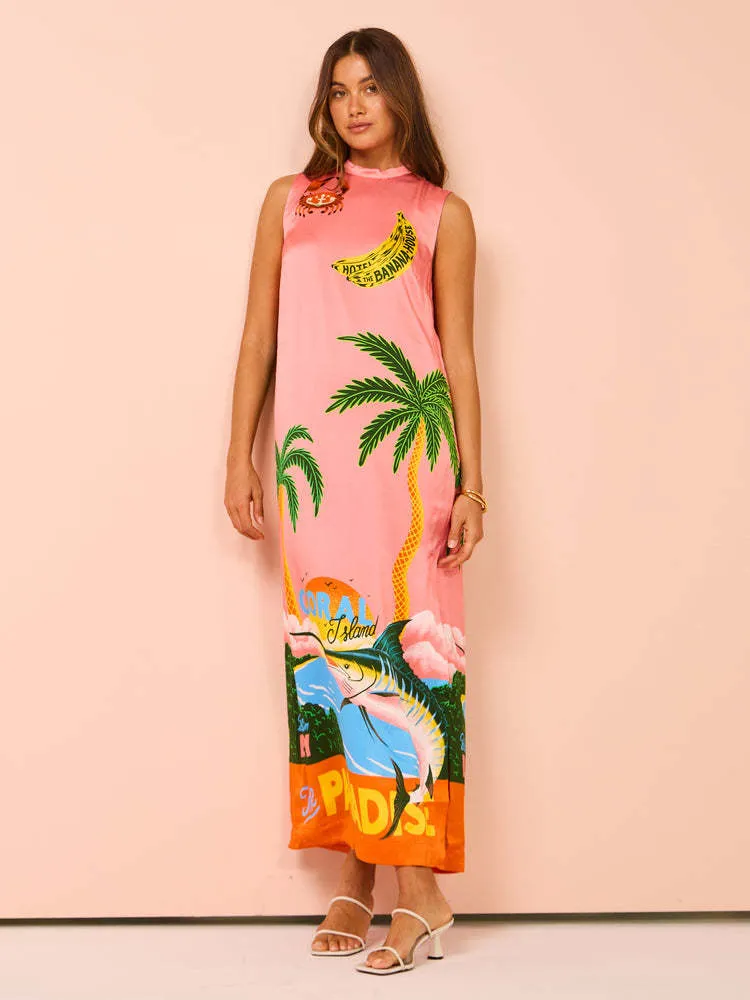 Summer Sleeveless Round Neck Printed Casual Slit Dress Women