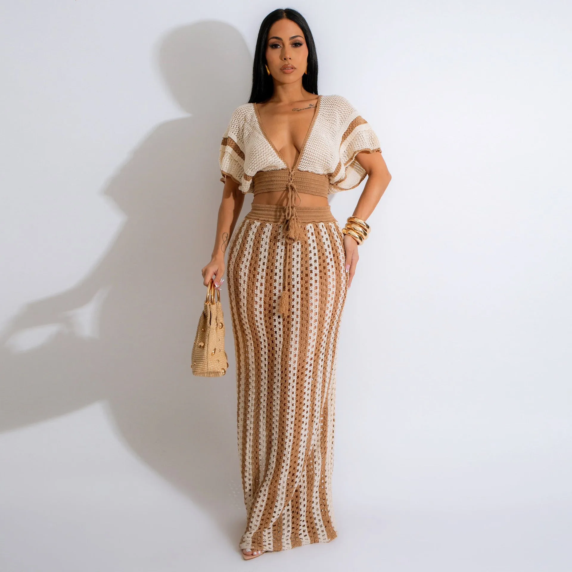 Summer Women Clothing Sexy V Neck Hollow Out Cutout Striped Knitted Women Skirt Set