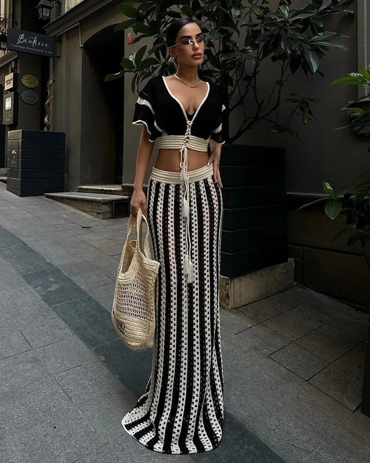 Summer Women Clothing Sexy V Neck Hollow Out Cutout Striped Knitted Women Skirt Set