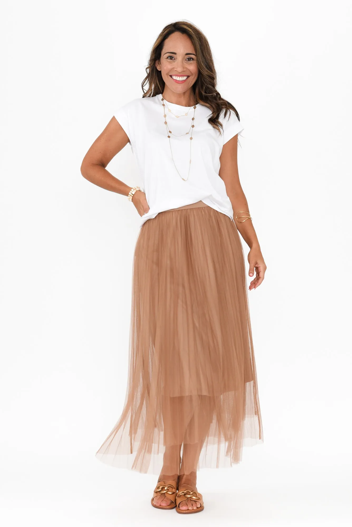 Sway Tan Mesh Midi Skirt