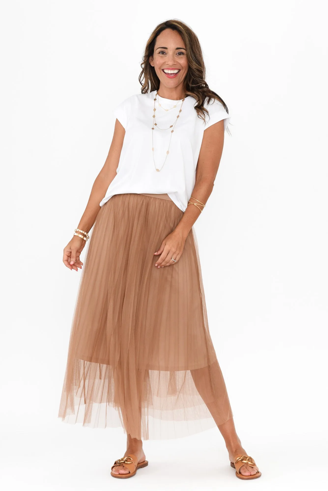 Sway Tan Mesh Midi Skirt