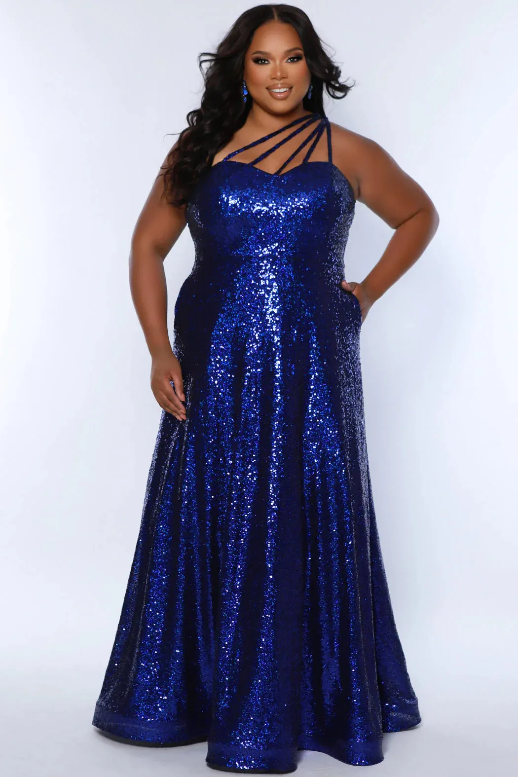 Sydneys Closet SC7389 Long Prom Dress Plus Size Sequin Off Shoulder A-Line Pockets Formal Gown