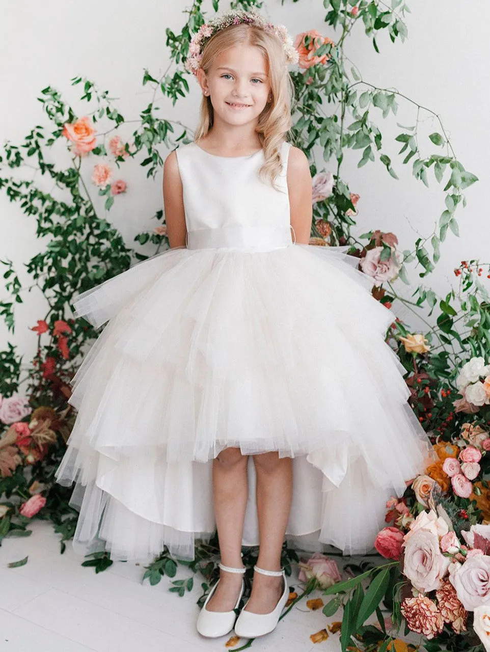 Tip Top 5658 Girls Layered Tulle High Low Skirt Formal Dress Satin Formal Gown Flower Girl