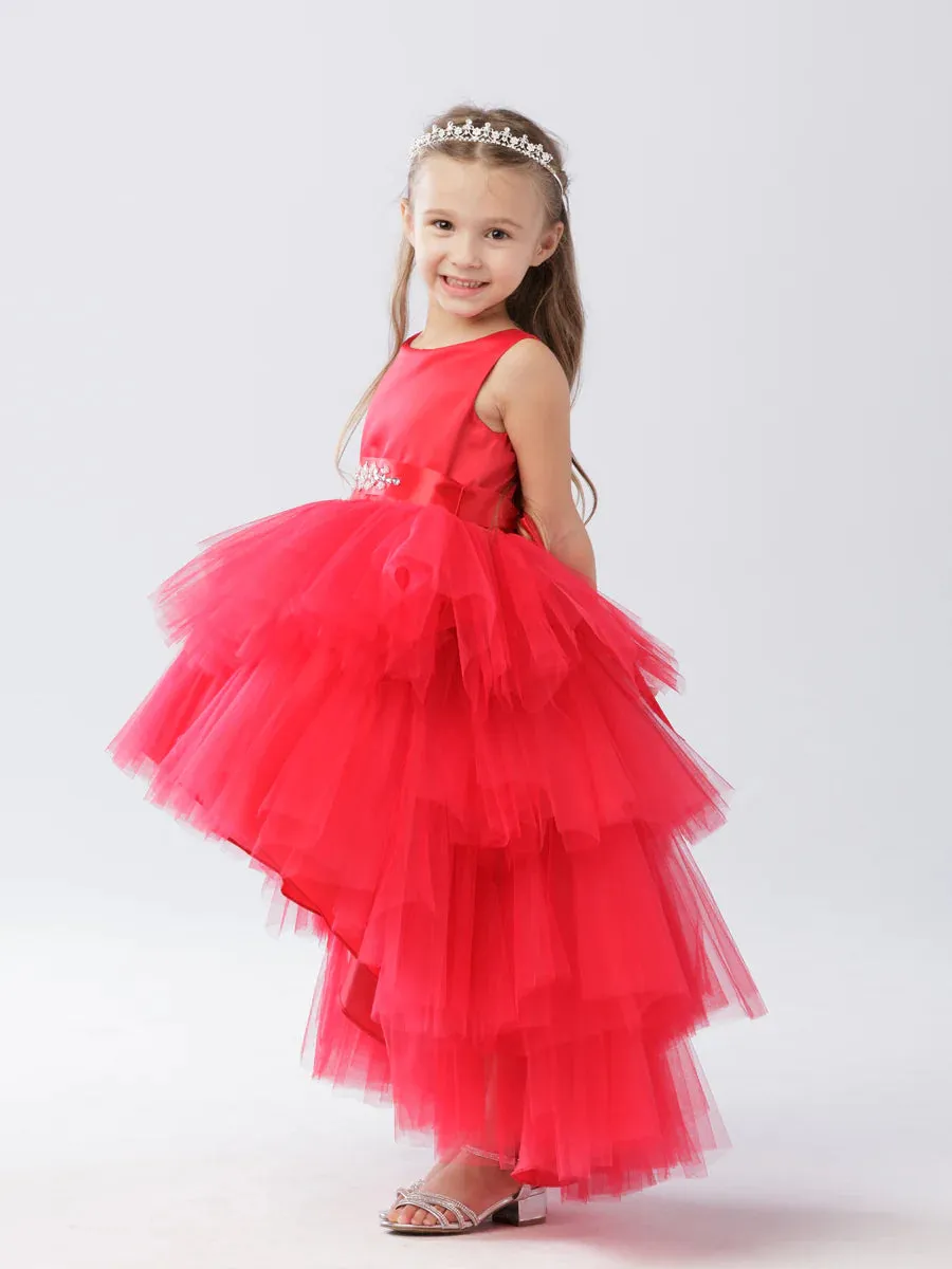 Tip Top 5658 Girls Layered Tulle High Low Skirt Formal Dress Satin Formal Gown Flower Girl