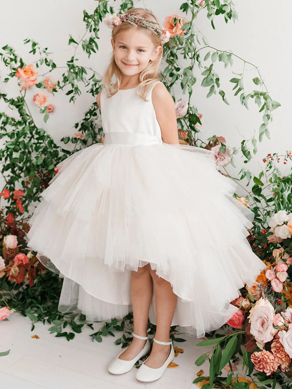 Tip Top 5658 Girls Layered Tulle High Low Skirt Formal Dress Satin Formal Gown Flower Girl