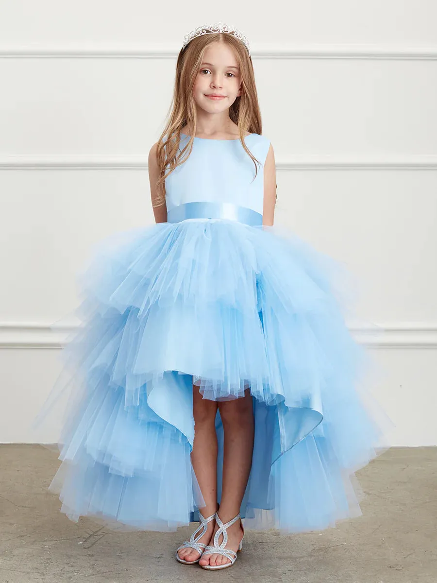 Tip Top 5658 Girls Layered Tulle High Low Skirt Formal Dress Satin Formal Gown Flower Girl