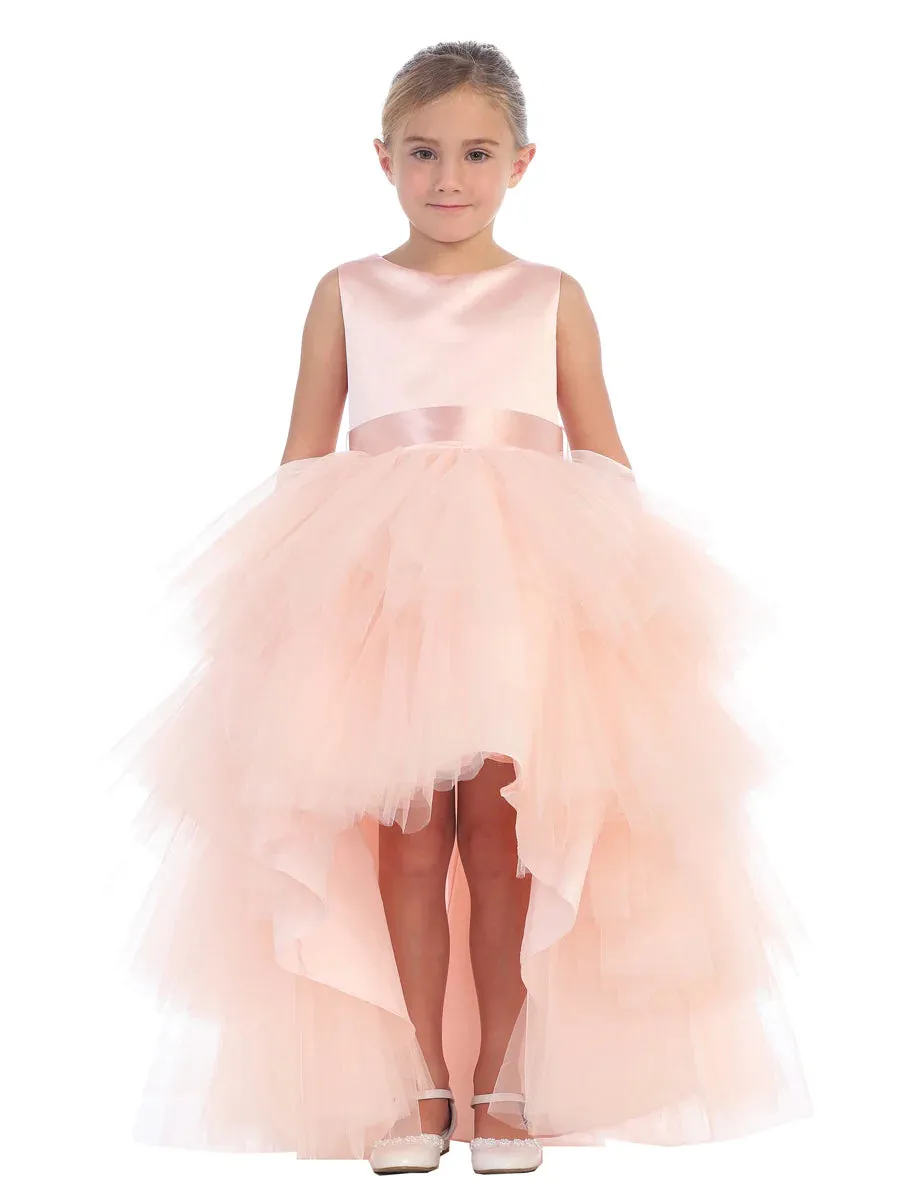 Tip Top 5658 Girls Layered Tulle High Low Skirt Formal Dress Satin Formal Gown Flower Girl