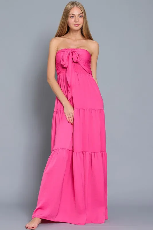 Tube Smocked Tie Front Maxi Dress