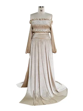 Two-Piece Cream Beige Velvet Crop Top and Long Skirt Set Woman Maxi Velvet Dress with Leg Slit YW220929