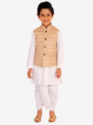 Vastramay Beige And White Matka Silk Jacket, Kurta and Dhoti Set