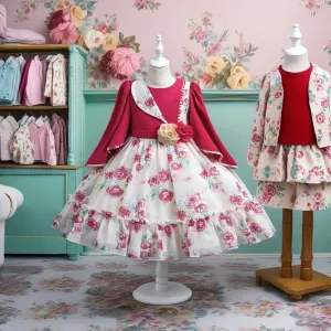 VE0196 Charming Girl Clothes 2 In 1 Floral Print Batwing Sleeve Ruffled Comfortablekids Dress For Girls 5 To 12 Years