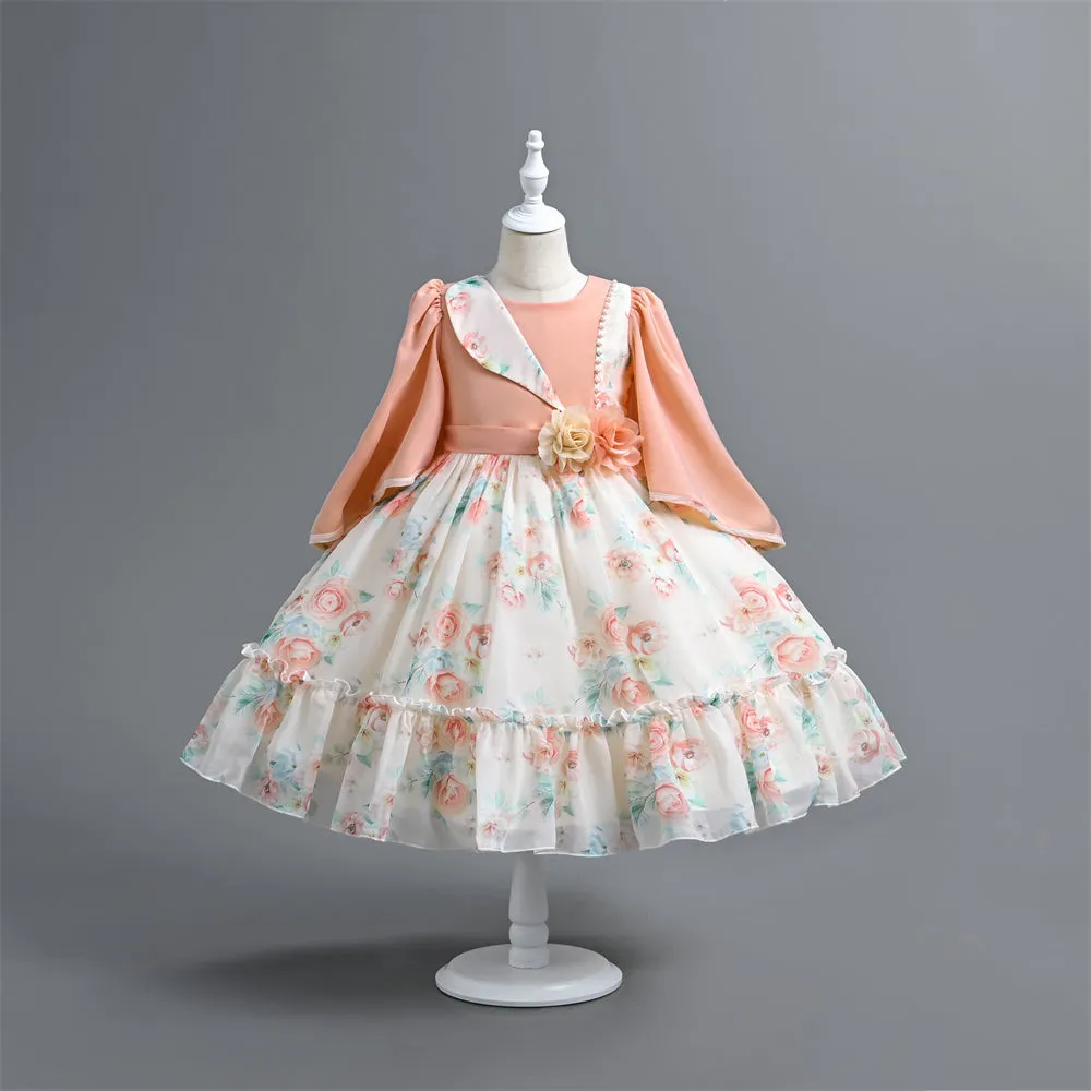 VE0196 Charming Girl Clothes 2 In 1 Floral Print Batwing Sleeve Ruffled Comfortablekids Dress For Girls 5 To 12 Years