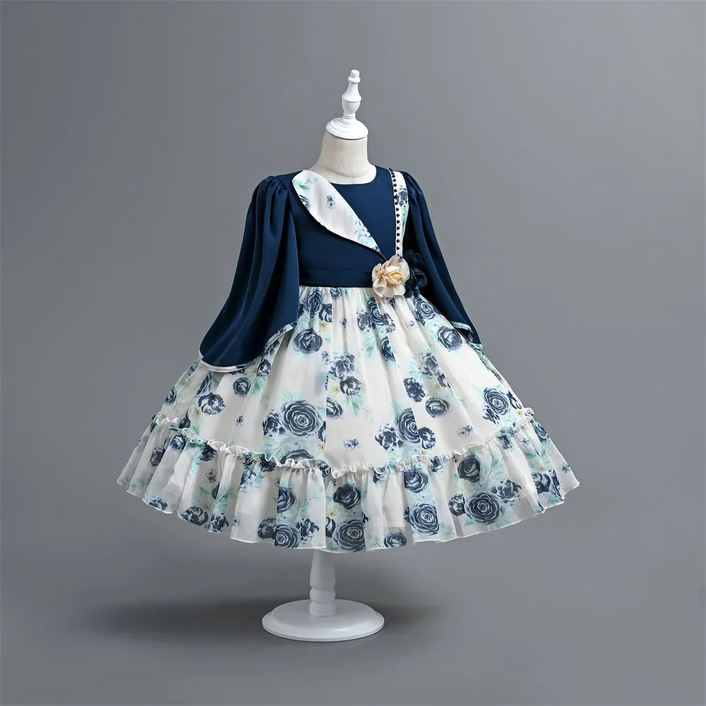 VE0196 Charming Girl Clothes 2 In 1 Floral Print Batwing Sleeve Ruffled Comfortablekids Dress For Girls 5 To 12 Years