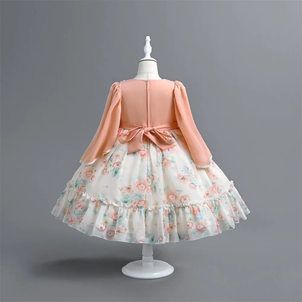 VE0196 Charming Girl Clothes 2 In 1 Floral Print Batwing Sleeve Ruffled Comfortablekids Dress For Girls 5 To 12 Years