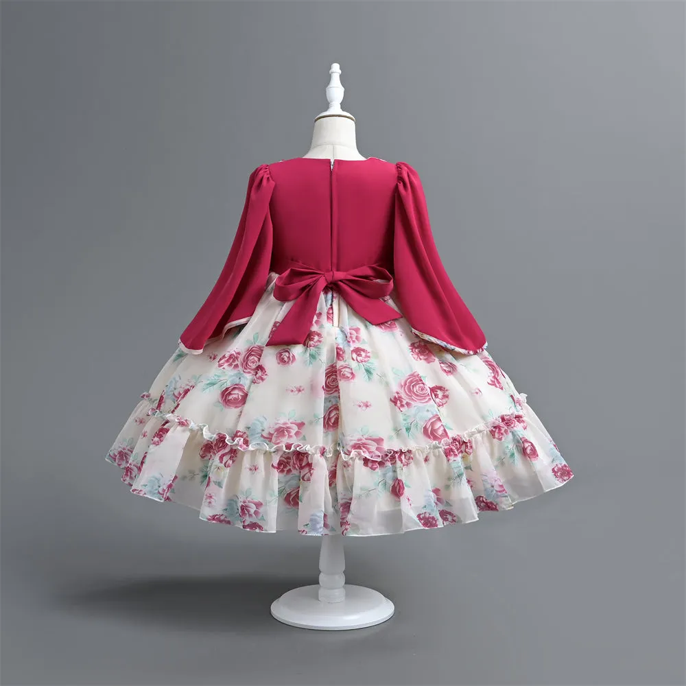 VE0196 Charming Girl Clothes 2 In 1 Floral Print Batwing Sleeve Ruffled Comfortablekids Dress For Girls 5 To 12 Years