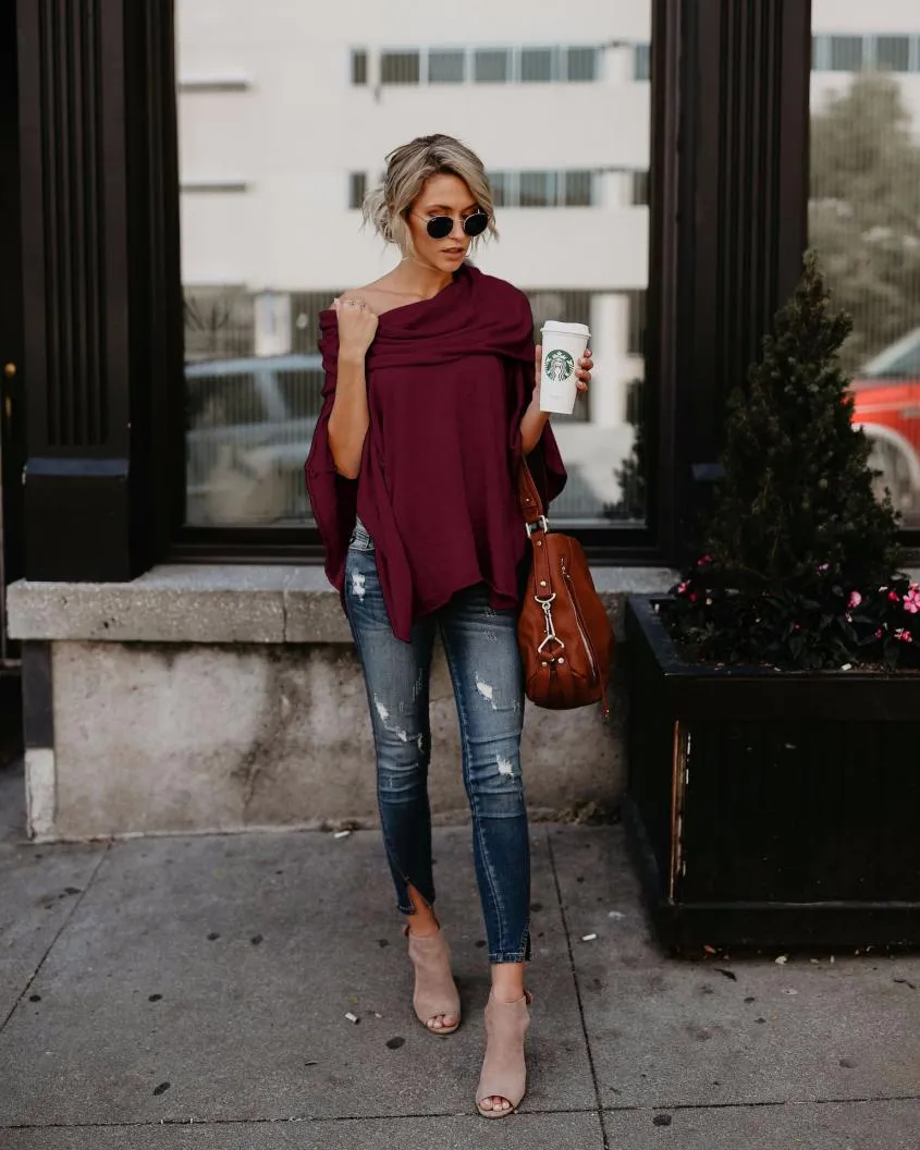 VenusFox Off Shoulder Overlap Poncho Blouse