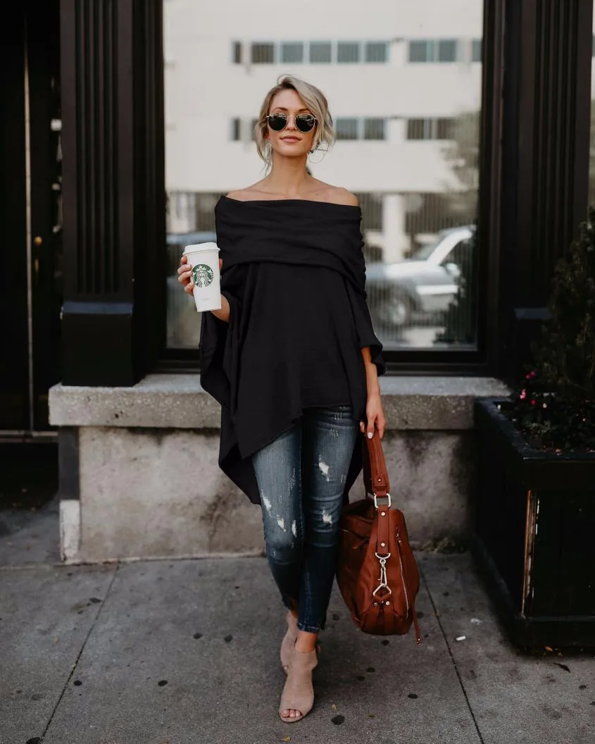 VenusFox Off Shoulder Overlap Poncho Blouse