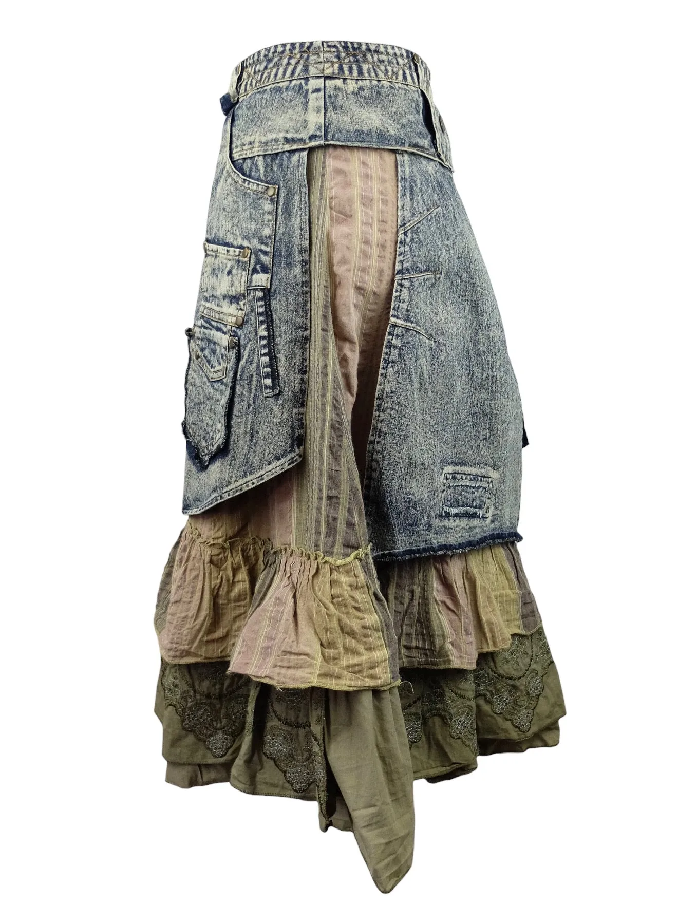 Vintage 2000s Y2K Subversive Bohemian Hippie Asymmetrical Denim Ruffled Layered Midi Skirt | 36 Inch Waist