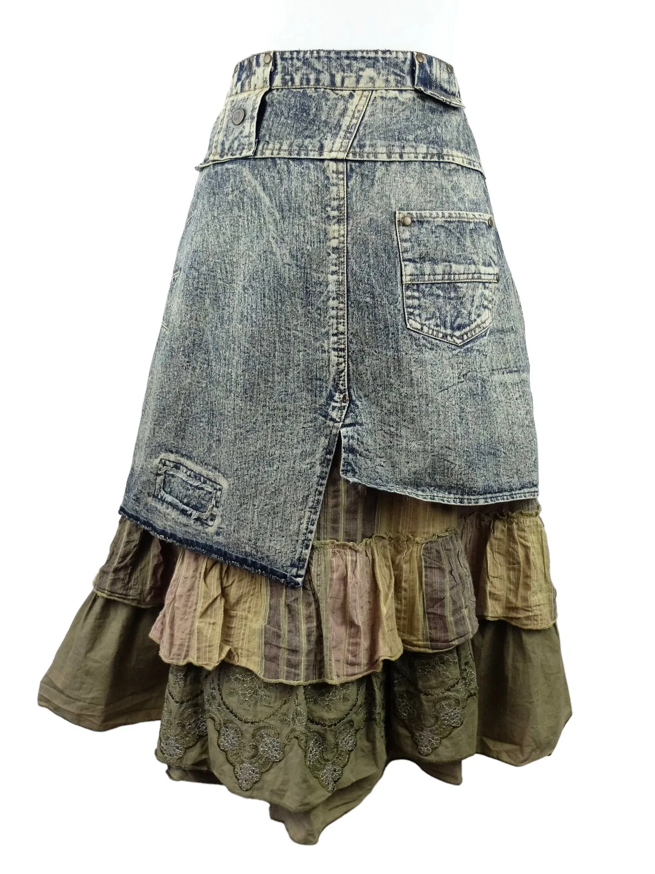 Vintage 2000s Y2K Subversive Bohemian Hippie Asymmetrical Denim Ruffled Layered Midi Skirt | 36 Inch Waist