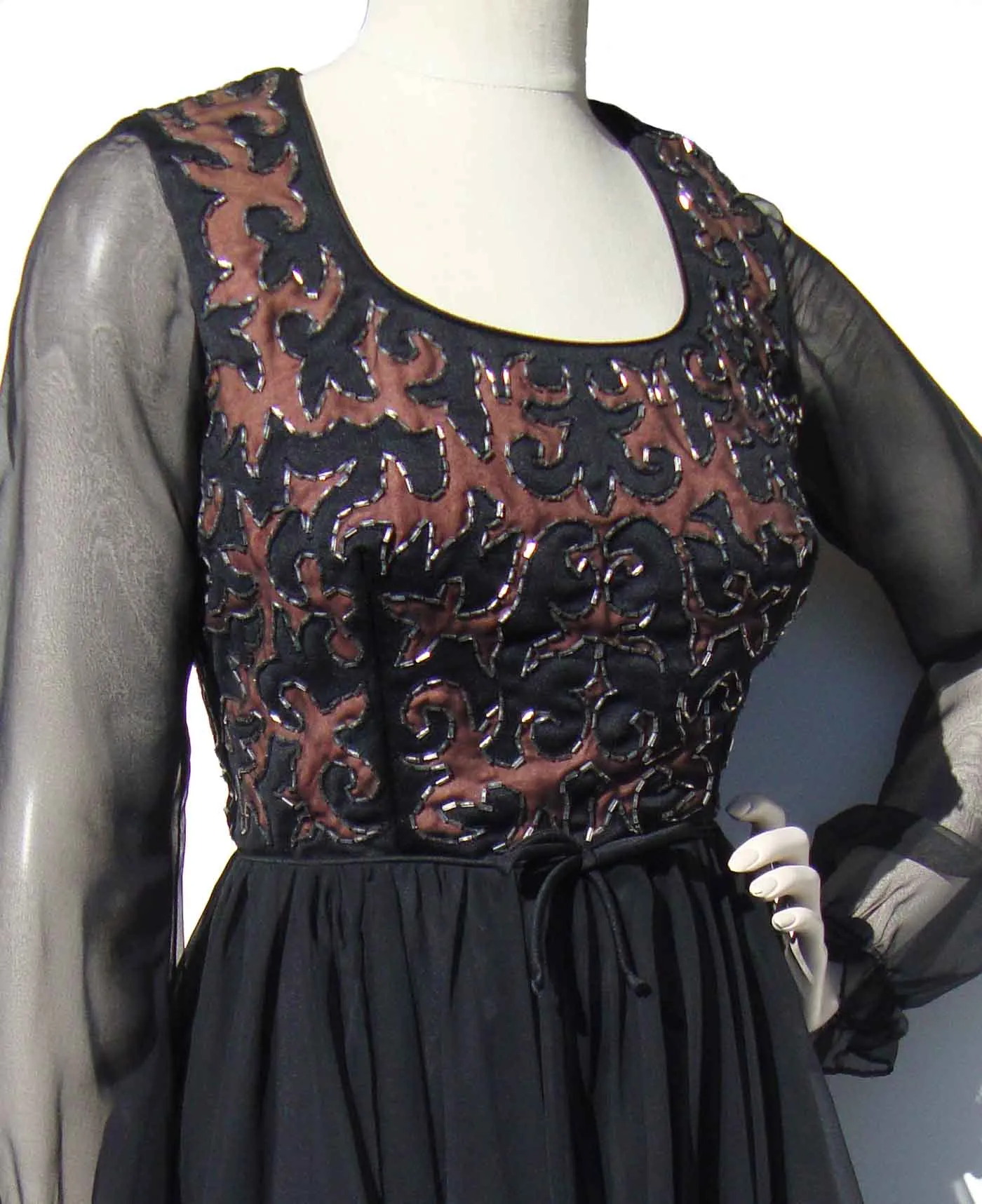 Vintage 60s Beaded Cocktail Dress Black & Brown Chiffon M - Jack Bryan