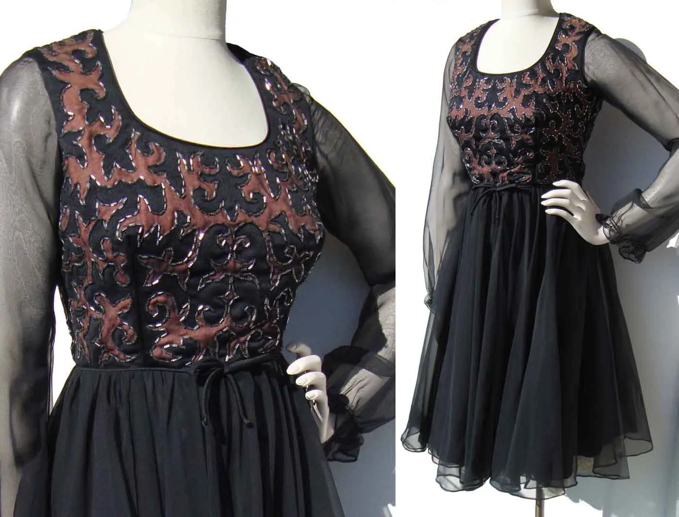 Vintage 60s Beaded Cocktail Dress Black & Brown Chiffon M - Jack Bryan