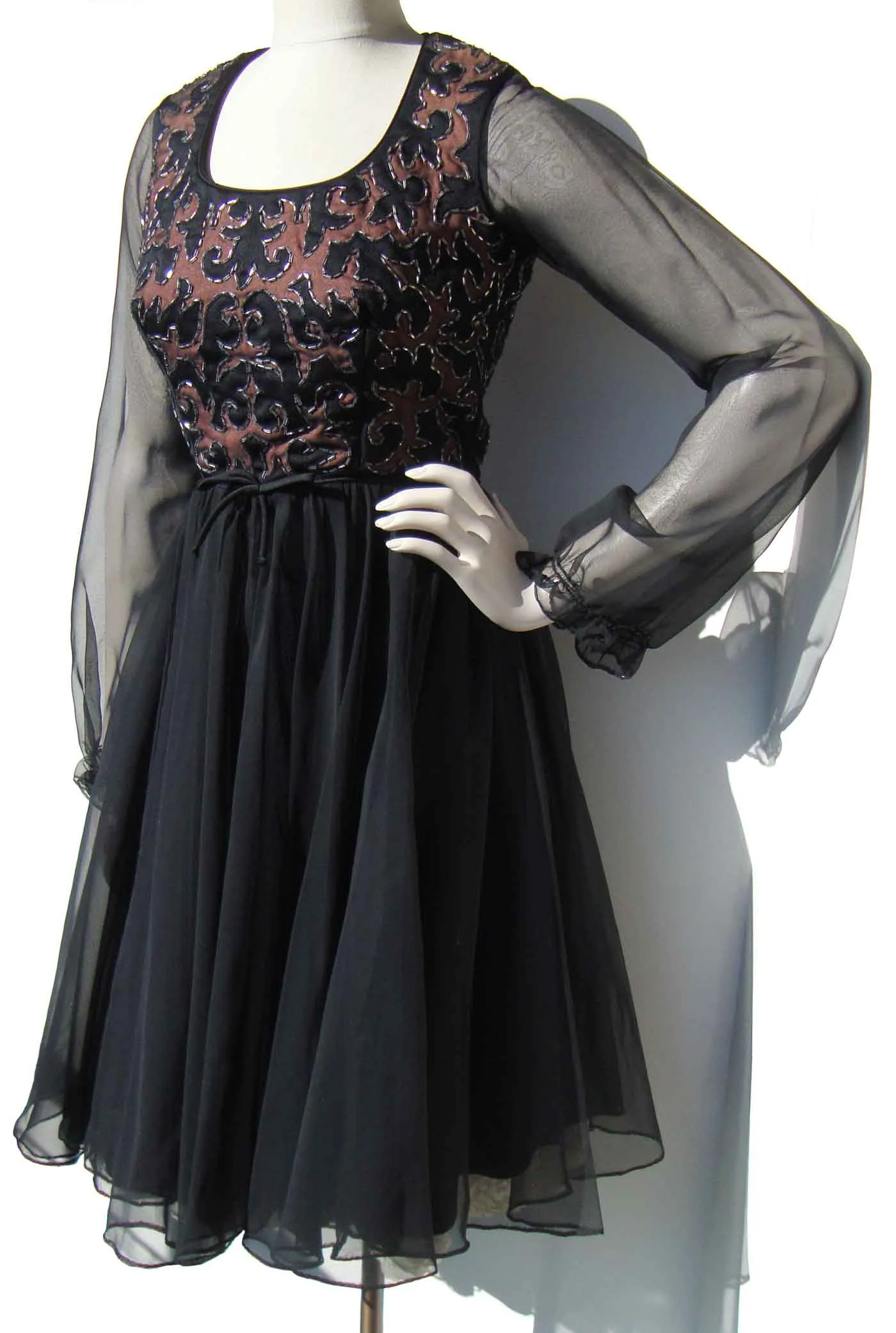 Vintage 60s Beaded Cocktail Dress Black & Brown Chiffon M - Jack Bryan