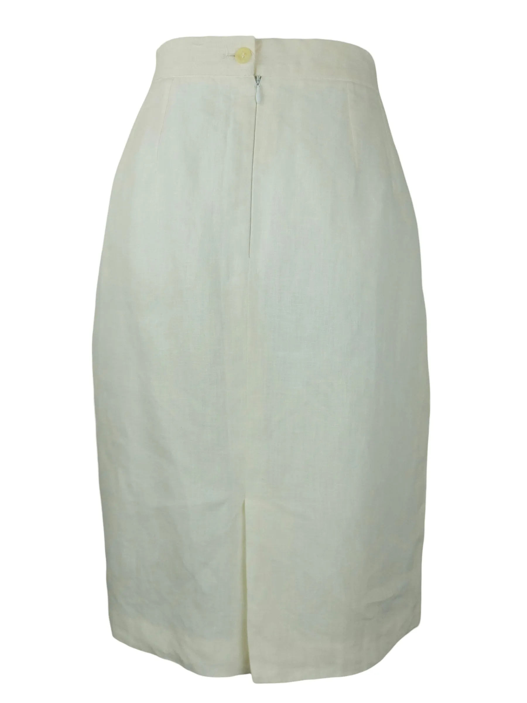 Vintage 80s Mod Minimalist Chic Solid Basic White Linen High Waisted Straight Silhouette Midi Skirt  | 31 Inch Waist