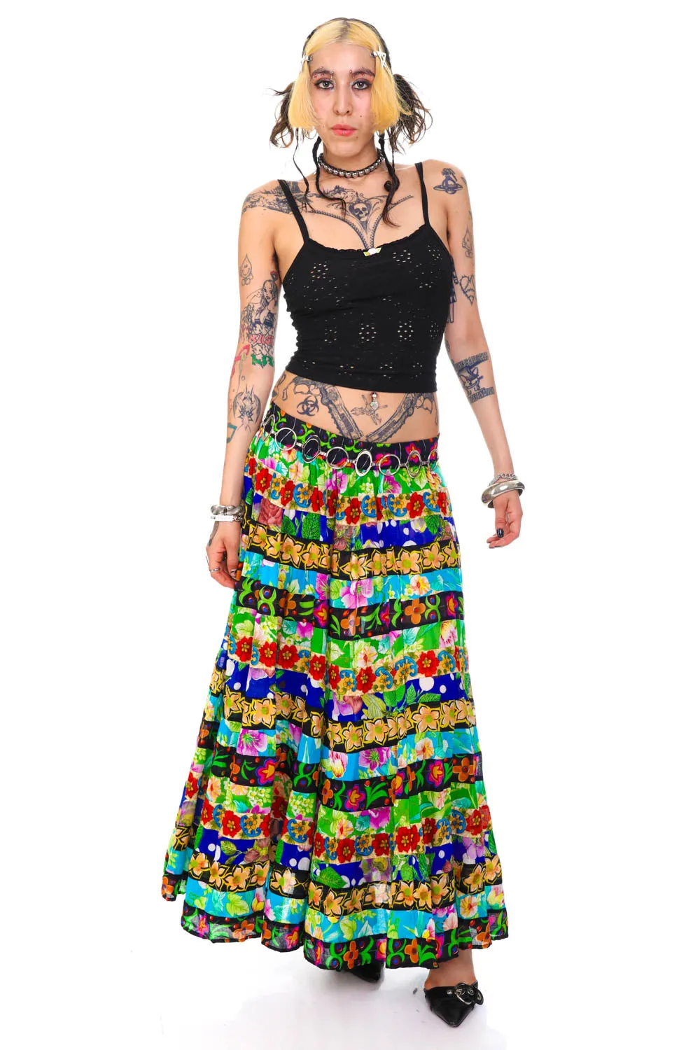 Vintage 90's Patchwork Mixed Floral Tiered Maxi Skirt - OSFM