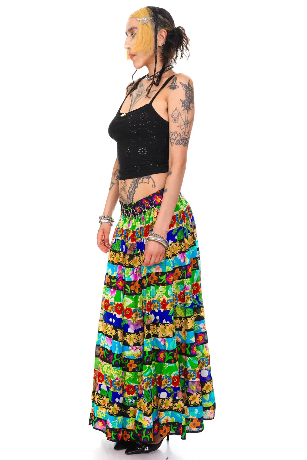 Vintage 90's Patchwork Mixed Floral Tiered Maxi Skirt - OSFM