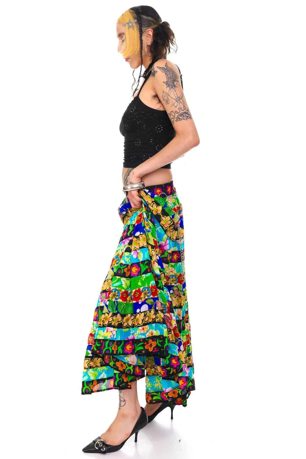 Vintage 90's Patchwork Mixed Floral Tiered Maxi Skirt - OSFM