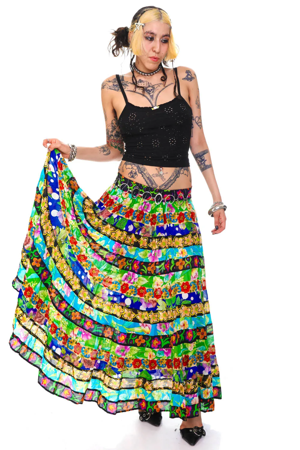 Vintage 90's Patchwork Mixed Floral Tiered Maxi Skirt - OSFM