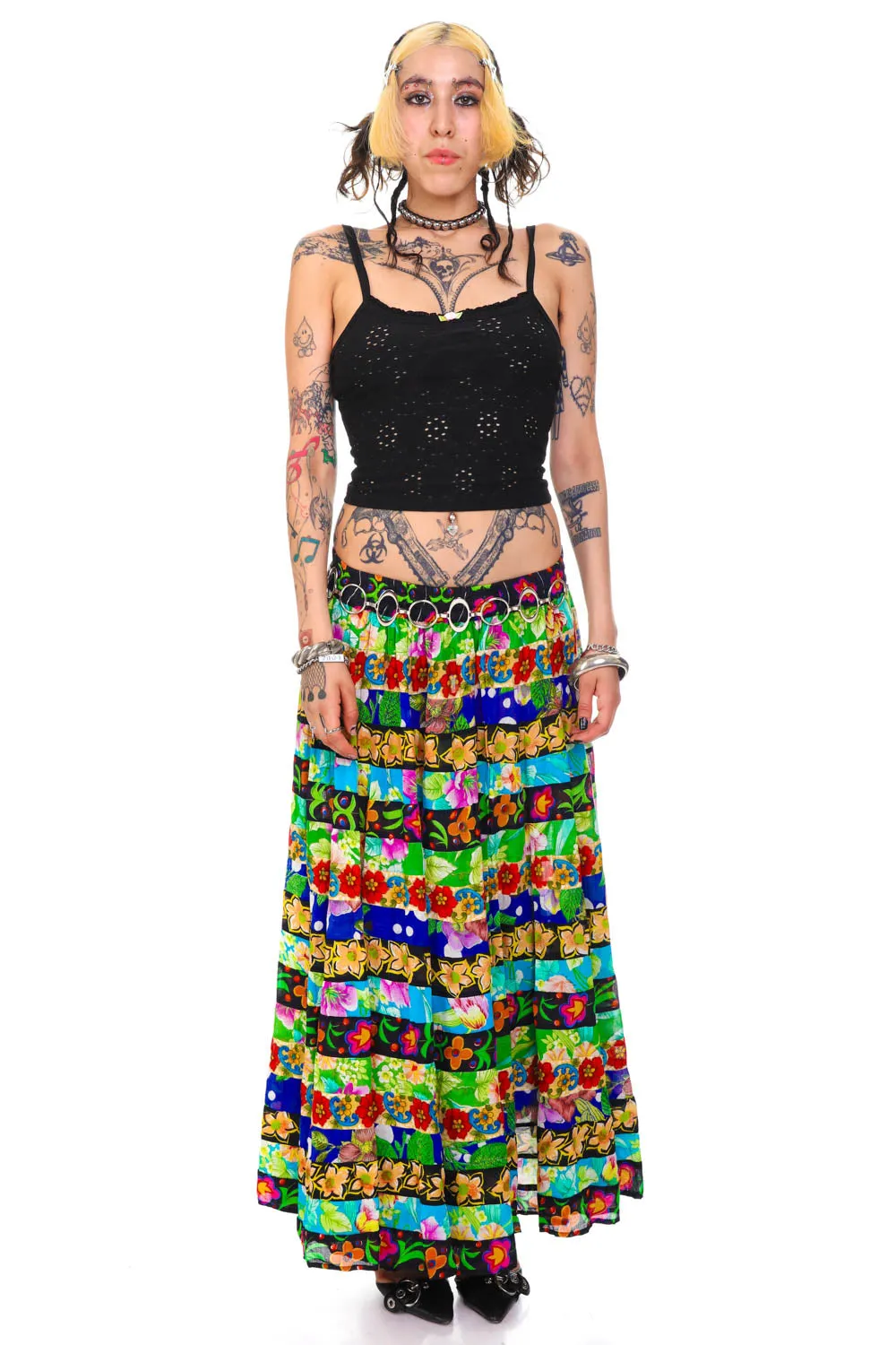 Vintage 90's Patchwork Mixed Floral Tiered Maxi Skirt - OSFM