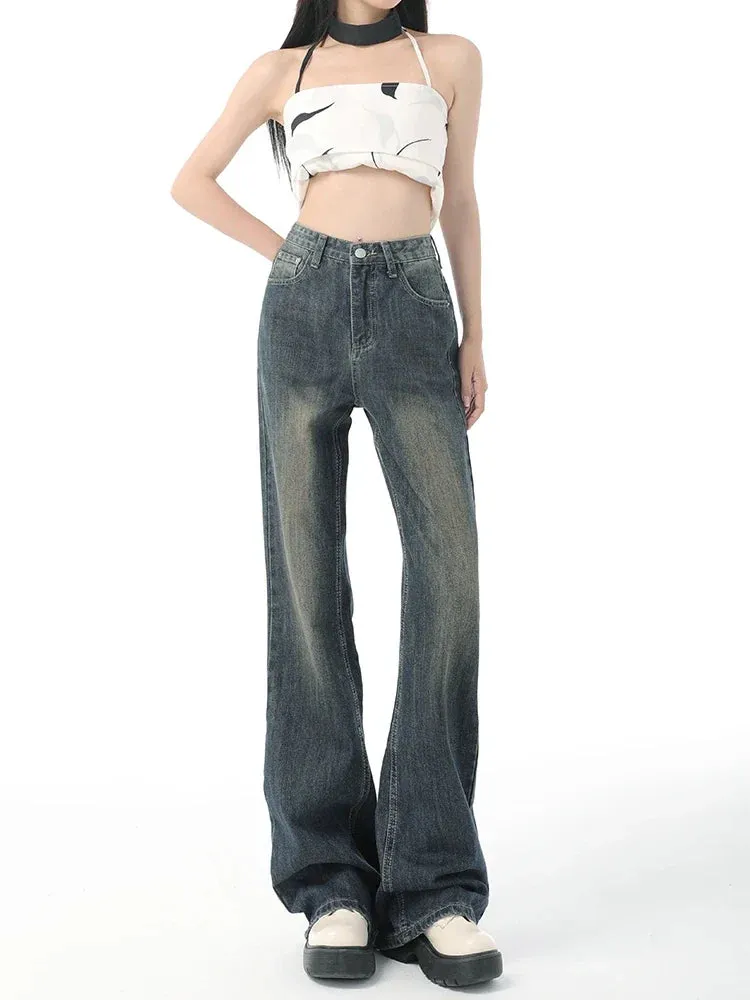 Vintage Denim Fashion Pocket High Waist Wide Leg Jeans