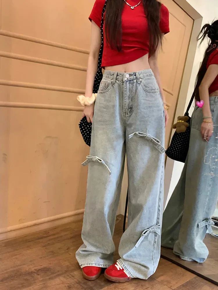 Vintage Y2k Bow Washed Baggy Streetwear Women Fashion Wide Leg Denim Jeans