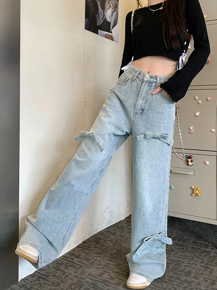 Vintage Y2k Bow Washed Baggy Streetwear Women Fashion Wide Leg Denim Jeans