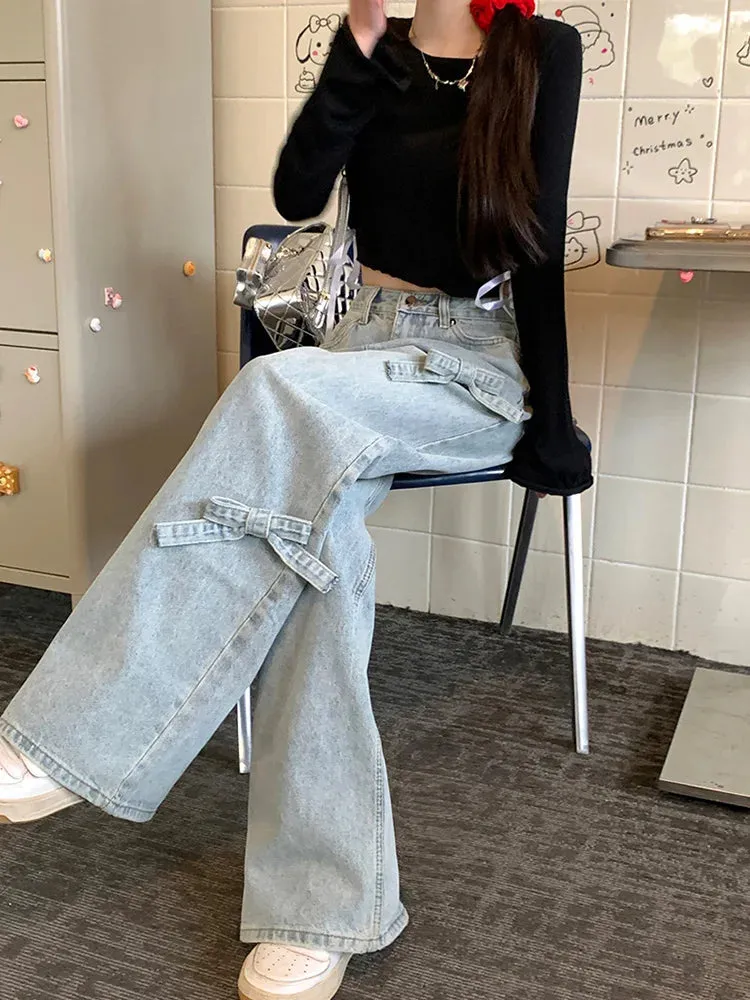 Vintage Y2k Bow Washed Baggy Streetwear Women Fashion Wide Leg Denim Jeans